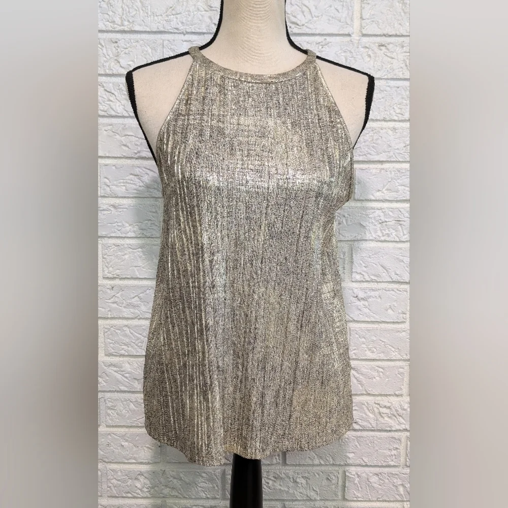 Anthropologie Moulinette Soeurs Shine On Metallic Tank Top S High Neck Stretchy - Picture 2 of 12